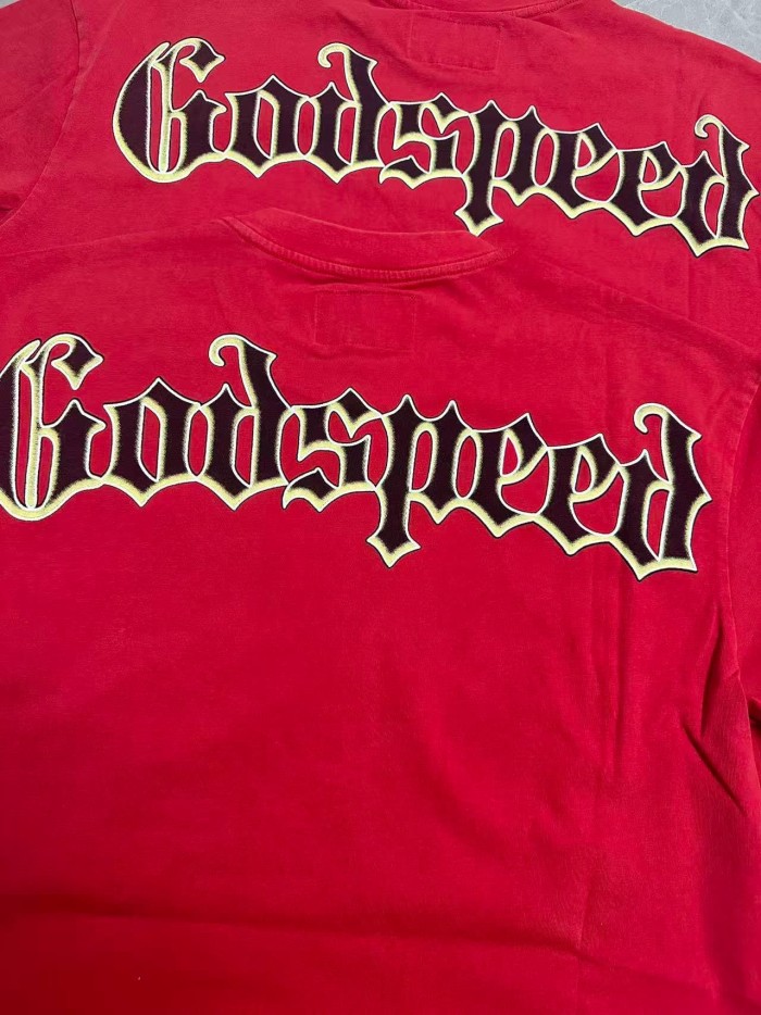 Godspeed 90s Grunge Motorsport Hip Hop Streetwear Front Beige Outline Gothic Script Tactical Male Silhouette Retro White Sports Car Smoke Blast T-Shirt 29349505
