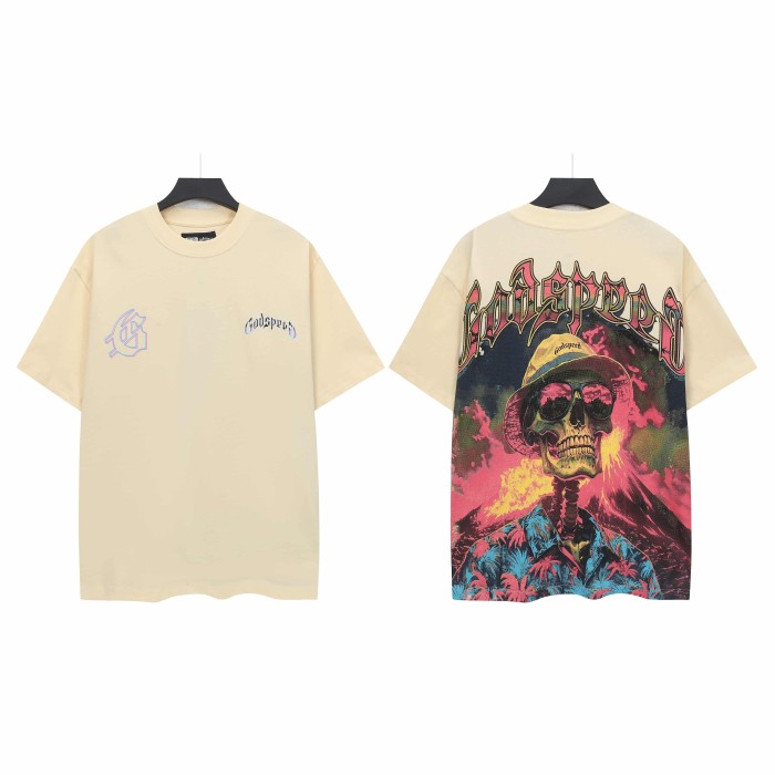 Godspeed West Coast Chicano Beach Fashion Front Chest Gradient Monogram Back Large Gothic Skeleton Palm Shirt Volcano Smoke Graphic T-Shirt 2 colors 29349532