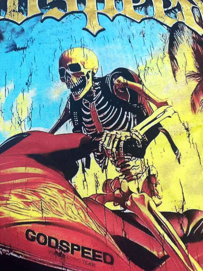 Godspeed Grunge Coastal Hip Hop Streetwear Front Gradient Gothic Script Skeleton Rider Red Jet Ski Palm Tree Ocean Cracked Graphic T-Shirt 2 colors 29349516