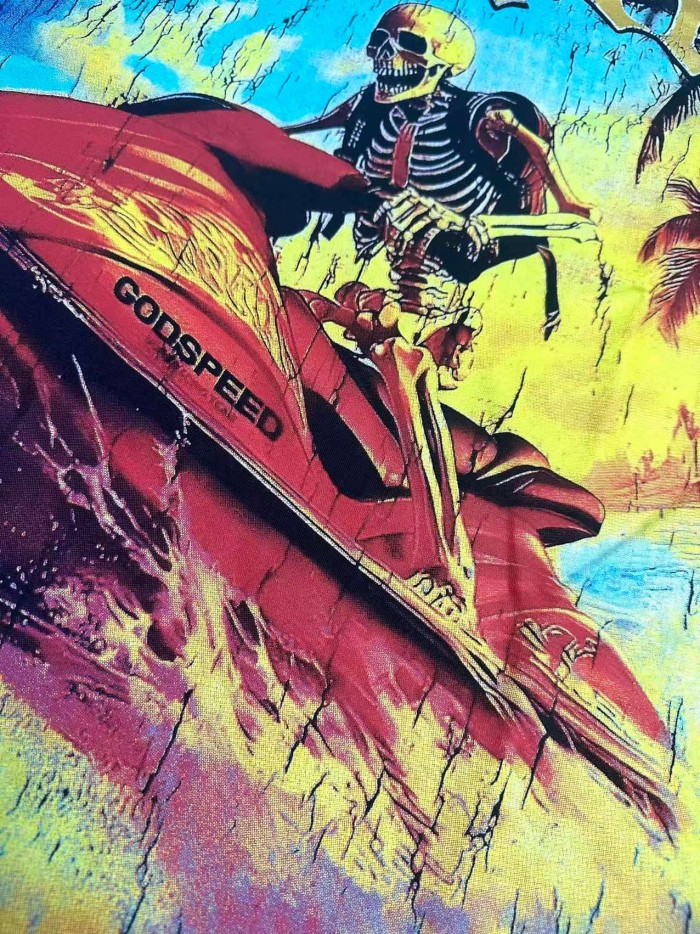 Godspeed Grunge Coastal Hip Hop Streetwear Front Gradient Gothic Script Skeleton Rider Red Jet Ski Palm Tree Ocean Cracked Graphic T-Shirt 2 colors 29349516