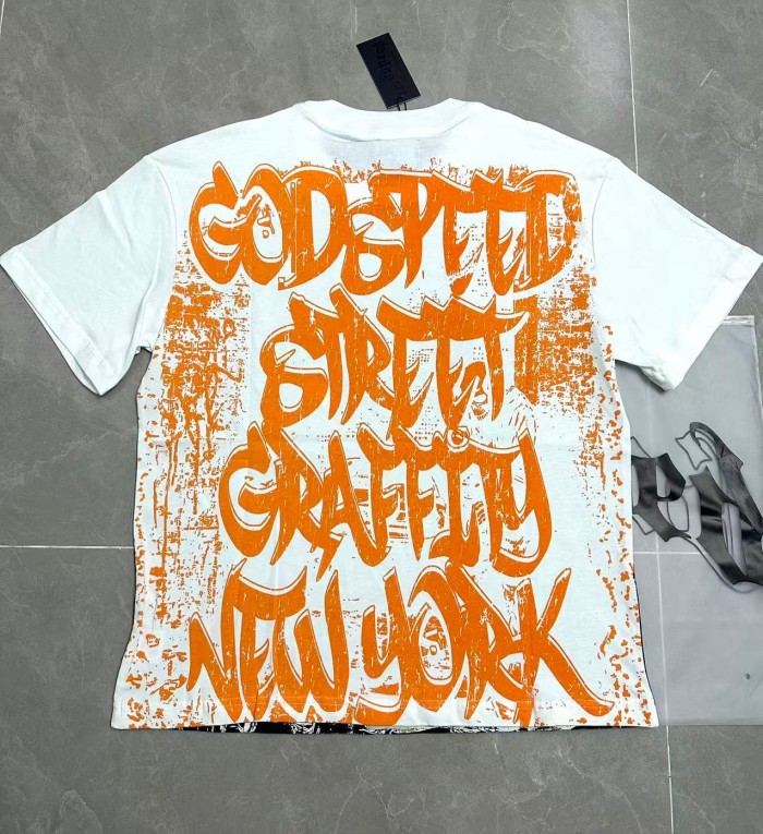 Godspeed Grunge Graffiti Hip Hop Streetwear Front Orange Gradient Graffiti Script Squatting Skeleton Retro Sports Car Alley Distressed Graphic T-Shirt 2 colors 29349508
