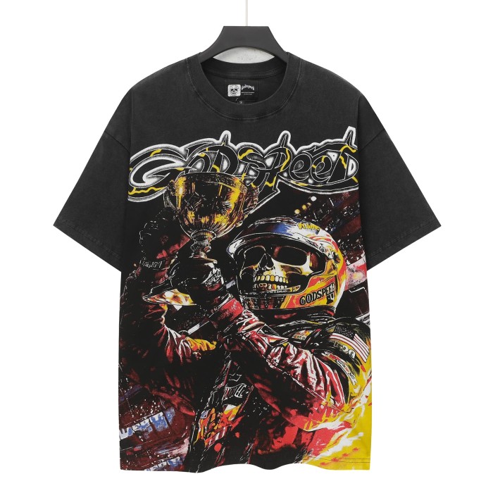 Godspeed Hip Hop Streetwear Front Yellow Outline Gothic Font Helmet Skeleton Racer Holding Trophy Race Track Light Graphic T-Shirt 2 colors 29349534