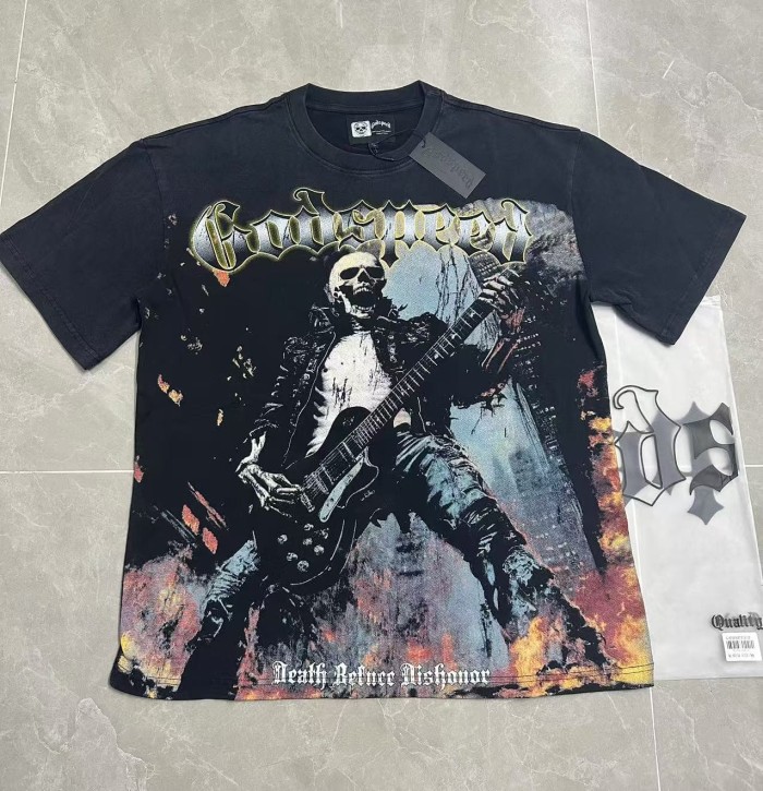 Godspeed Grunge Rock Rap Streetwear Front Gold Outline Gothic Font Leather Clad Skeleton Guitarist Distressed Graphic T-Shirt 2 colors 29349551