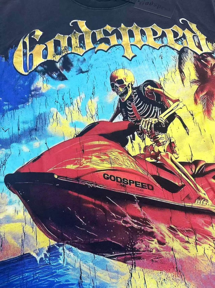 Godspeed Grunge Coastal Hip Hop Streetwear Front Gradient Gothic Script Skeleton Rider Red Jet Ski Palm Tree Ocean Cracked Graphic T-Shirt 2 colors 29349516
