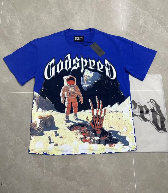 Godspeed Hip Hop Streetwear Front White Outline Gothic Script Astronaut Skeleton Hand Moon Surface Distressed Graphic T-Shirt 29349560