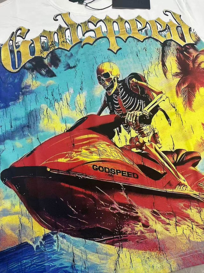 Godspeed Grunge Coastal Hip Hop Streetwear Front Gradient Gothic Script Skeleton Rider Red Jet Ski Palm Tree Ocean Cracked Graphic T-Shirt 2 colors 29349516
