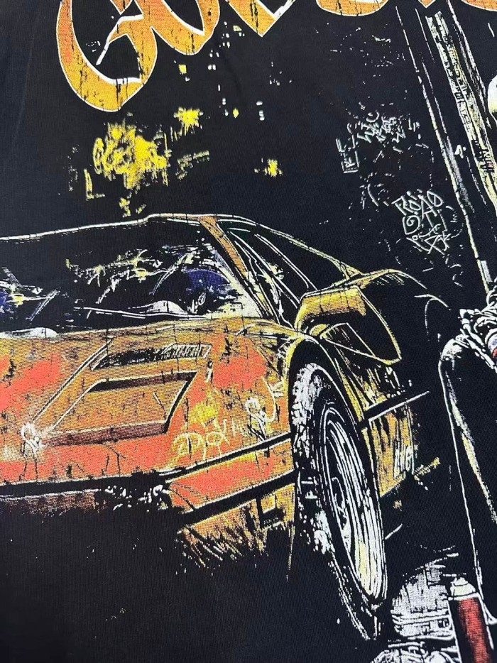 Godspeed Grunge Graffiti Hip Hop Streetwear Front Orange Gradient Graffiti Script Squatting Skeleton Retro Sports Car Alley Distressed Graphic T-Shirt 2 colors 29349508