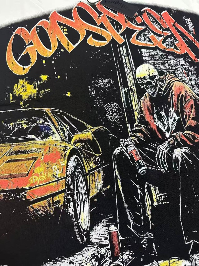 Godspeed Grunge Graffiti Hip Hop Streetwear Front Orange Gradient Graffiti Script Squatting Skeleton Retro Sports Car Alley Distressed Graphic T-Shirt 2 colors 29349508