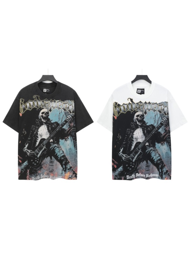 Godspeed Grunge Rock Rap Streetwear Front Gold Outline Gothic Font Leather Clad Skeleton Guitarist Distressed Graphic T-Shirt 2 colors 29349551