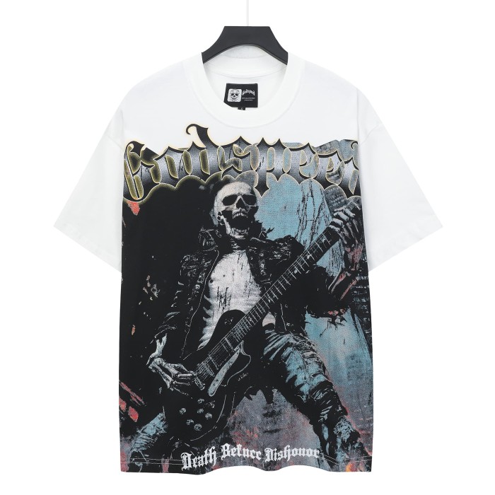 Godspeed Grunge Rock Rap Streetwear Front Gold Outline Gothic Font Leather Clad Skeleton Guitarist Distressed Graphic T-Shirt 2 colors 29349551