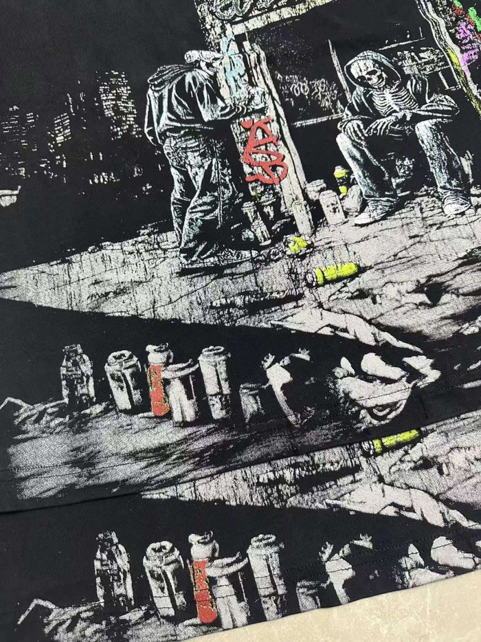 Godspeed Grunge Urban Hip Hop Streetwear Front Green Red Gradient Graffiti Script Two Squatting Skeletons Alley Graffiti Wall Distressed Graphic T-Shirt 29349545