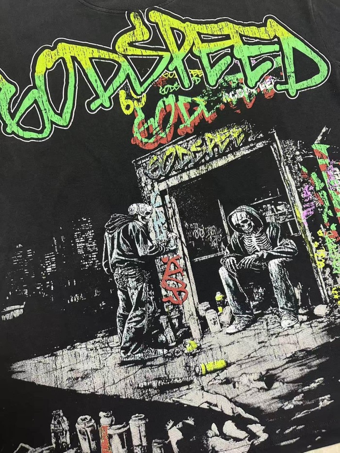 Godspeed Grunge Urban Hip Hop Streetwear Front Green Red Gradient Graffiti Script Two Squatting Skeletons Alley Graffiti Wall Distressed Graphic T-Shirt 29349545