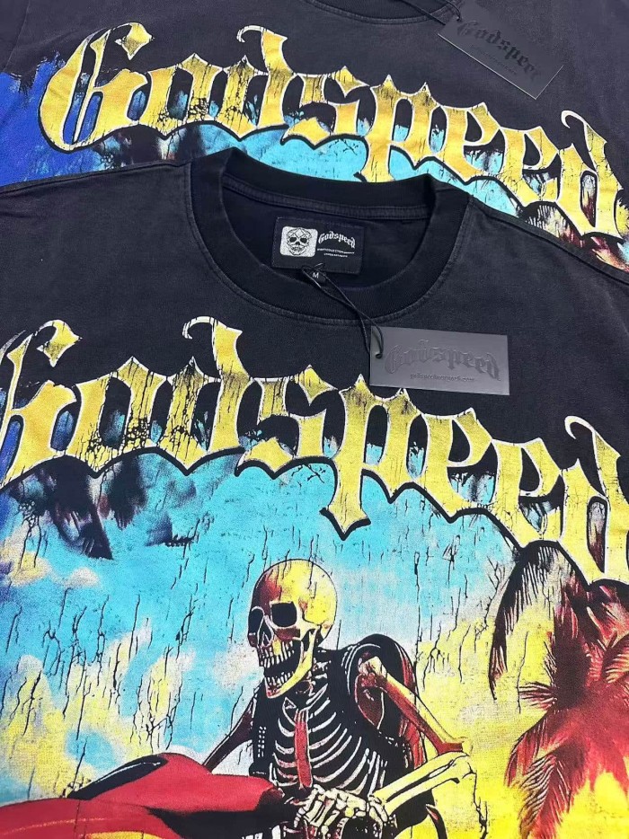 Godspeed Grunge Coastal Hip Hop Streetwear Front Gradient Gothic Script Skeleton Rider Red Jet Ski Palm Tree Ocean Cracked Graphic T-Shirt 2 colors 29349516