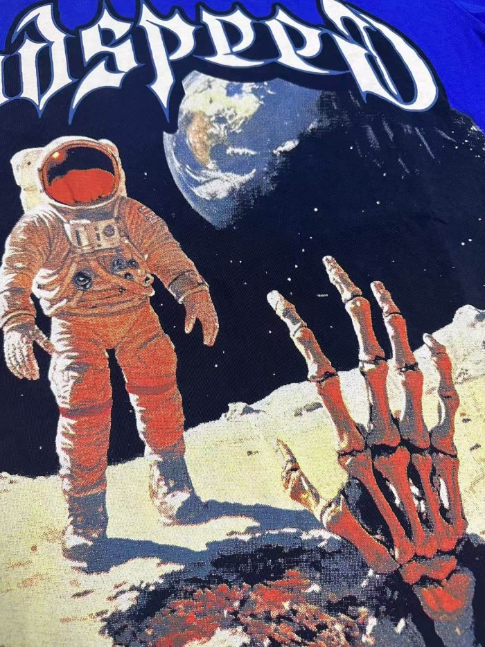 Godspeed Hip Hop Streetwear Front White Outline Gothic Script Astronaut Skeleton Hand Moon Surface Distressed Graphic T-Shirt 29349560
