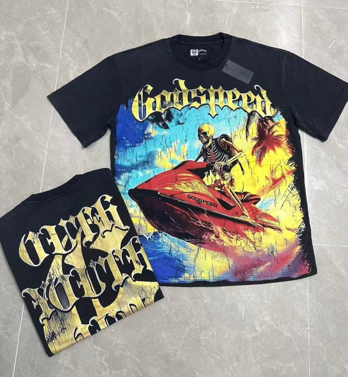 Godspeed Grunge Coastal Hip Hop Streetwear Front Gradient Gothic Script Skeleton Rider Red Jet Ski Palm Tree Ocean Cracked Graphic T-Shirt 2 colors 29349516