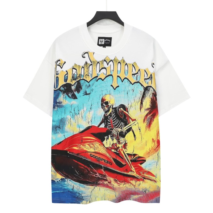 Godspeed Grunge Coastal Hip Hop Streetwear Front Gradient Gothic Script Skeleton Rider Red Jet Ski Palm Tree Ocean Cracked Graphic T-Shirt 2 colors 29349516