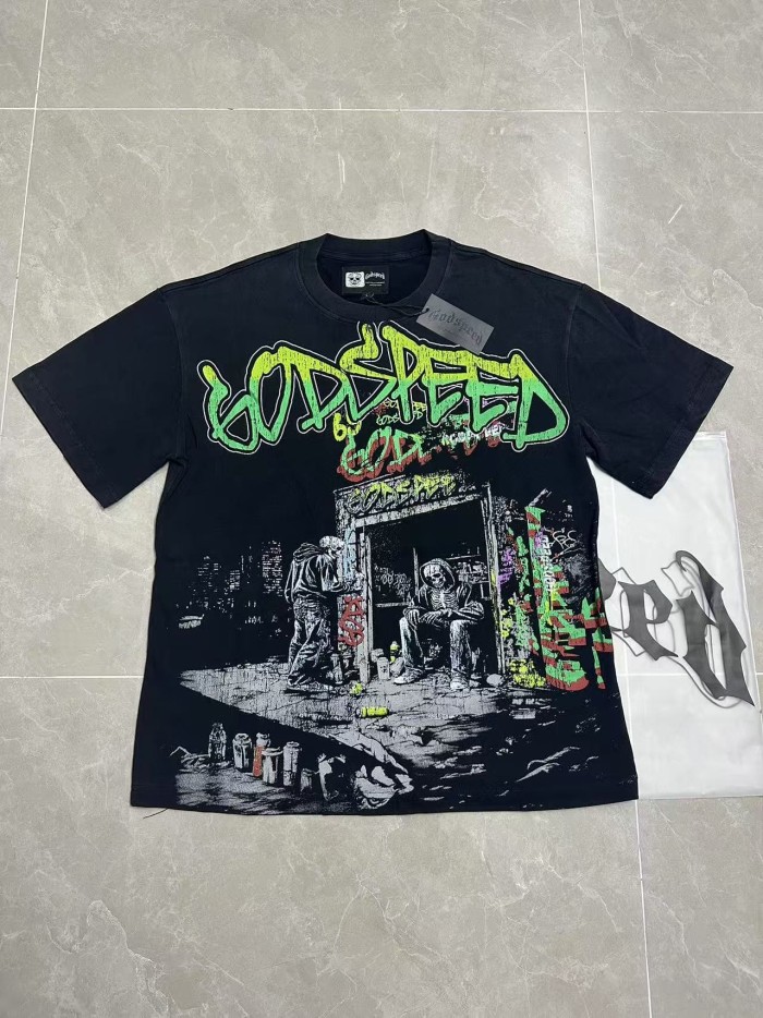 Godspeed Grunge Urban Hip Hop Streetwear Front Green Red Gradient Graffiti Script Two Squatting Skeletons Alley Graffiti Wall Distressed Graphic T-Shirt 29349545