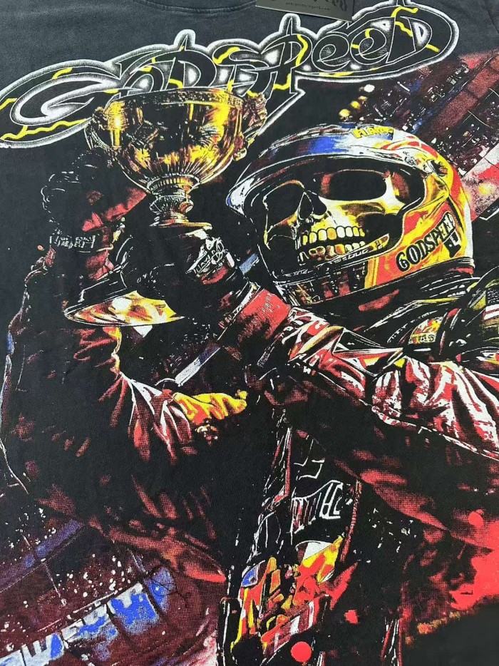 Godspeed Hip Hop Streetwear Front Yellow Outline Gothic Font Helmet Skeleton Racer Holding Trophy Race Track Light Graphic T-Shirt 2 colors 29349534