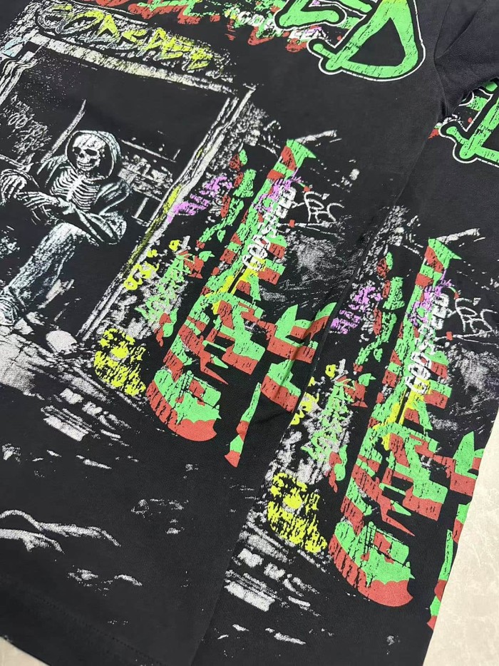 Godspeed Grunge Urban Hip Hop Streetwear Front Green Red Gradient Graffiti Script Two Squatting Skeletons Alley Graffiti Wall Distressed Graphic T-Shirt 29349545