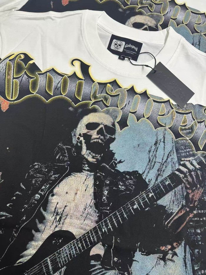 Godspeed Grunge Rock Rap Streetwear Front Gold Outline Gothic Font Leather Clad Skeleton Guitarist Distressed Graphic T-Shirt 2 colors 29349551