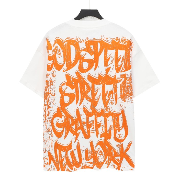 Godspeed Grunge Graffiti Hip Hop Streetwear Front Orange Gradient Graffiti Script Squatting Skeleton Retro Sports Car Alley Distressed Graphic T-Shirt 2 colors 29349508