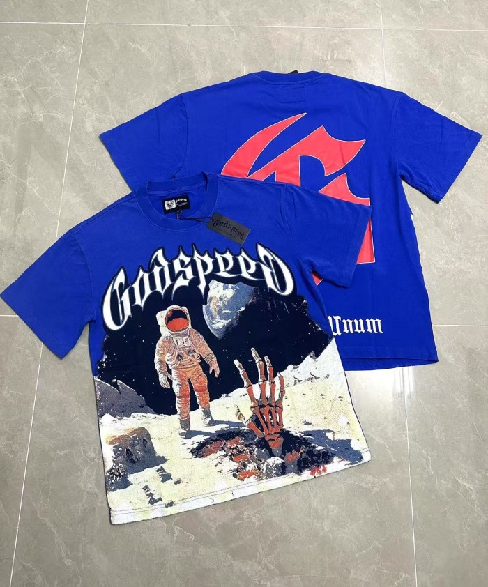 Godspeed Hip Hop Streetwear Front White Outline Gothic Script Astronaut Skeleton Hand Moon Surface Distressed Graphic T-Shirt 29349560