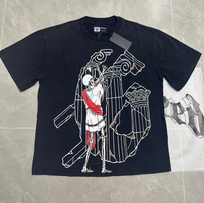 Godspeed West Coast Chicano Vintage Fashion Front Skeleton Sculptor Hammer Roman Column Ruins Line Art Print T-Shirt 2 colors 29349514