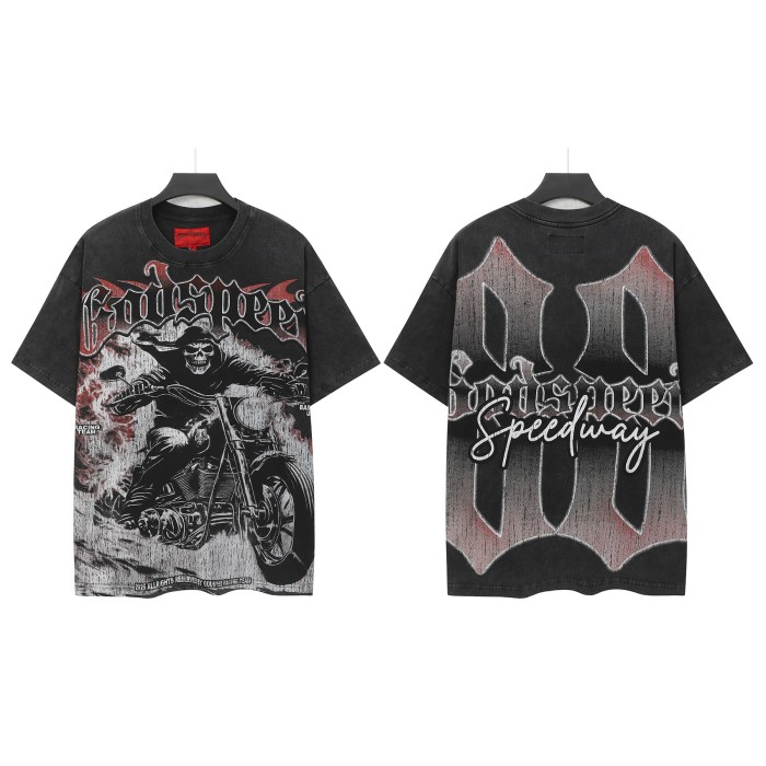 Godspeed Grunge Biker Hip Hop Streetwear Front Red Outline Gothic Font Hooded Skeleton Rider Vintage Motorcycle Smoke Distressed Graphic T-Shirt 2 colors 29349512