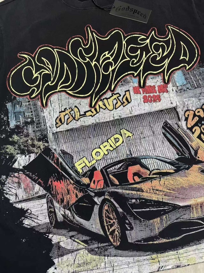 Godspeed Hip Hop Streetwear Front Lime Outline Graffiti Script Classic Sports Car City Wall Graffiti Distressed Graphic T-Shirt 2 colors 29349547
