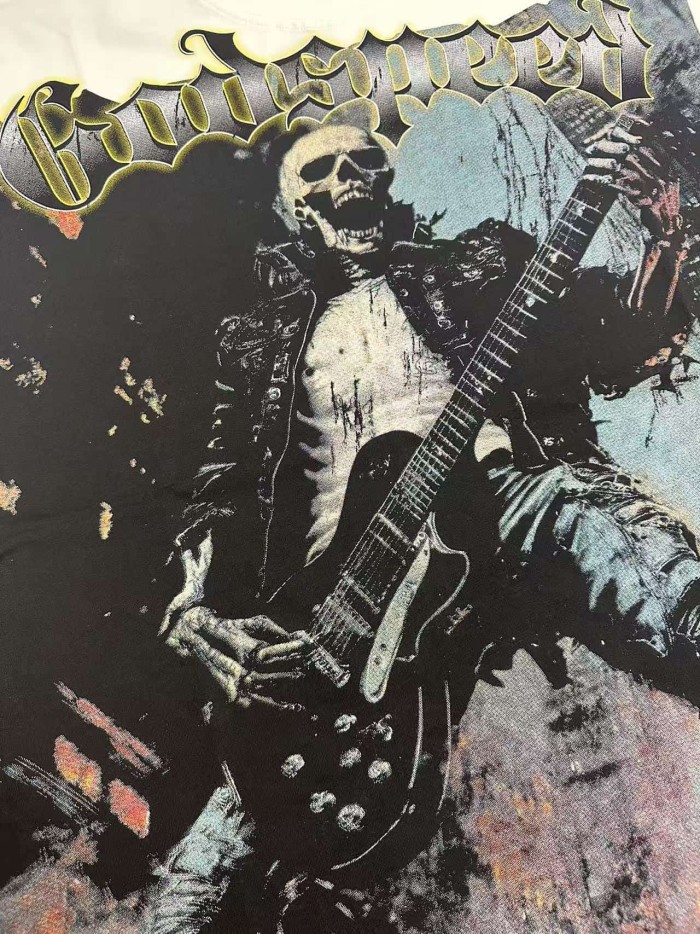 Godspeed Grunge Rock Rap Streetwear Front Gold Outline Gothic Font Leather Clad Skeleton Guitarist Distressed Graphic T-Shirt 2 colors 29349551