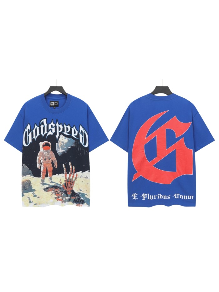 Godspeed Hip Hop Streetwear Front White Outline Gothic Script Astronaut Skeleton Hand Moon Surface Distressed Graphic T-Shirt 29349560