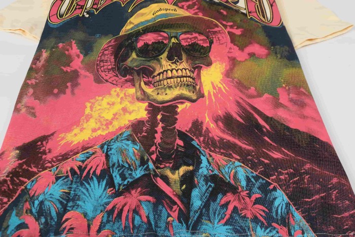 Godspeed West Coast Chicano Beach Fashion Front Chest Gradient Monogram Back Large Gothic Skeleton Palm Shirt Volcano Smoke Graphic T-Shirt 2 colors 29349532