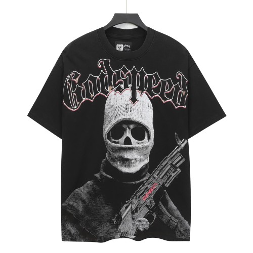Godspeed Front Black Red Outline Gothic Font Balaclava Skeleton Figure With Rifle Cracked Graphic T-Shirt 2 colors 29353183