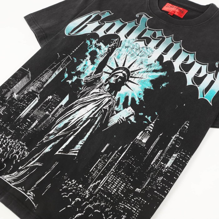 Godspeed Blue White Gradient Gothic Script Front View Statue Of Liberty City Skyscraper Crowd Graphic T-Shirt 2 colors 29353554