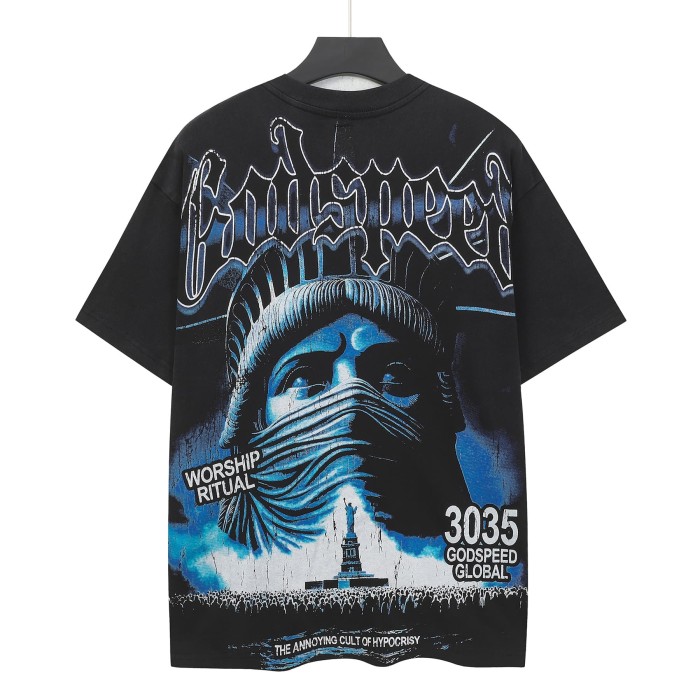 Godspeed Streetwear Front Blue Gradient Outline Gothic Script Bandaged Blindfold Statue Of Liberty City Skyline T-Shirt 2 colors 29353188