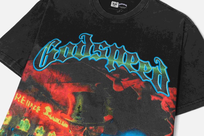 Godspeed Gothic Script Top Hat Skeleton Sitting At Poker Table Neon Bar Background Distressed Graphic T-Shirt 2 colors 29353539