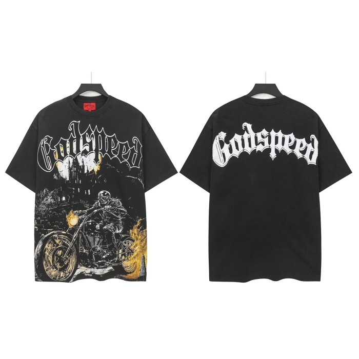 Godspeed Streetwear Front White Outline Gothic Script Helmeted Skeleton Motorcycle Rider Cemetery Castle Fire Flame T-Shirt 29353200