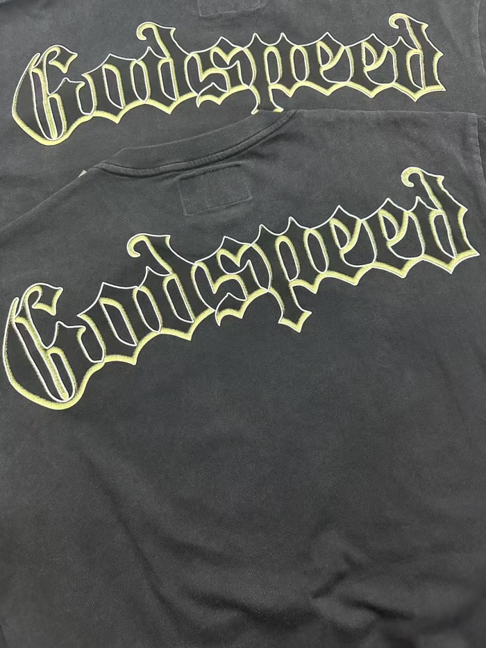 Godspeed Streetwear Front Lime Yellow Outline Gothic Script Tactical Long Hair Man Vintage Sports Car Smoke Explosion T-Shirt 	 29353199