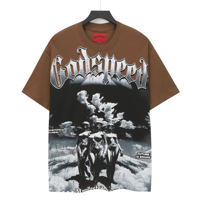 Godspeed Hip Hop Streetwear Front Silver Gradient Gothic Script Three Female Figures Cloud Sky Monochrome Cracked Graphic T-Shirt 2 colors 29353191