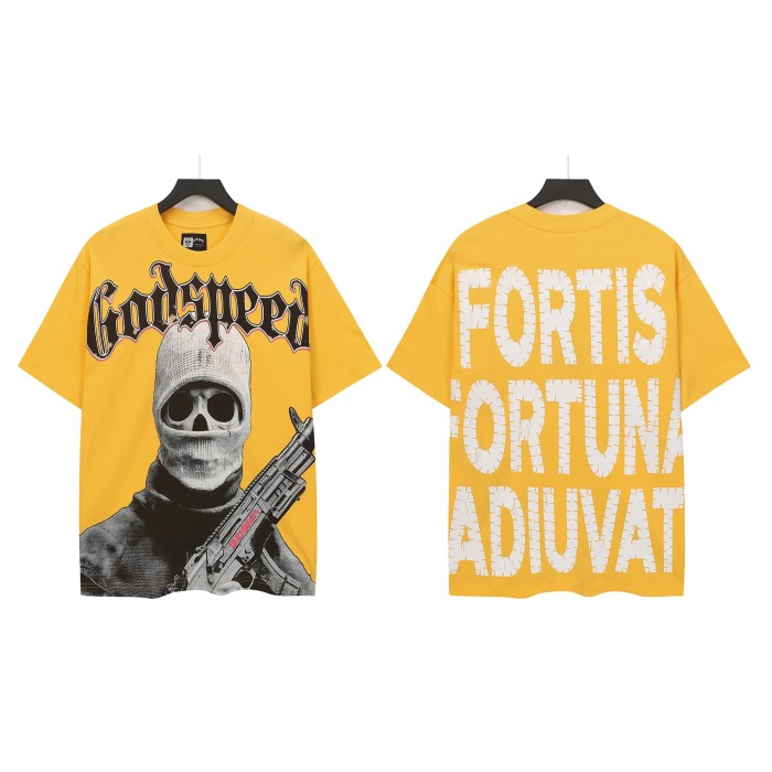Godspeed Front Black Red Outline Gothic Font Balaclava Skeleton Figure With Rifle Cracked Graphic T-Shirt 2 colors 29353183