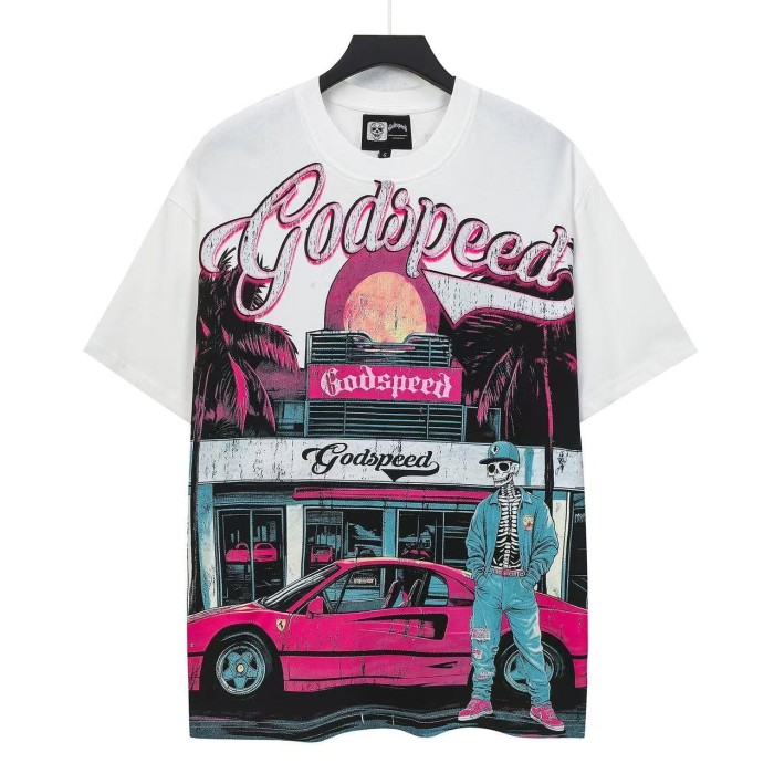 Godspeed Streetwear Front Pink White Gradient Cursive Script Cowboy Skeleton Pink Sports Car Palm Tree Sunset Storefront T-Shirt 2 colors 29353195