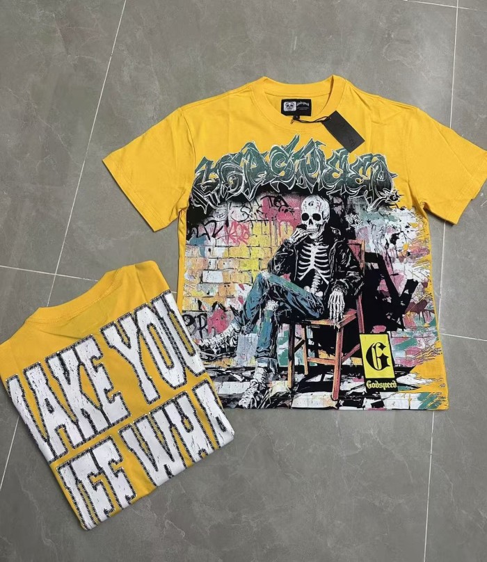 Godspeed Urban Graffiti Hip Hop Streetwear Front Multicolor Bubble Graffiti Script Seated Skeleton Brick Graffiti Wall Graphic T-Shirt 2 colors 29353186