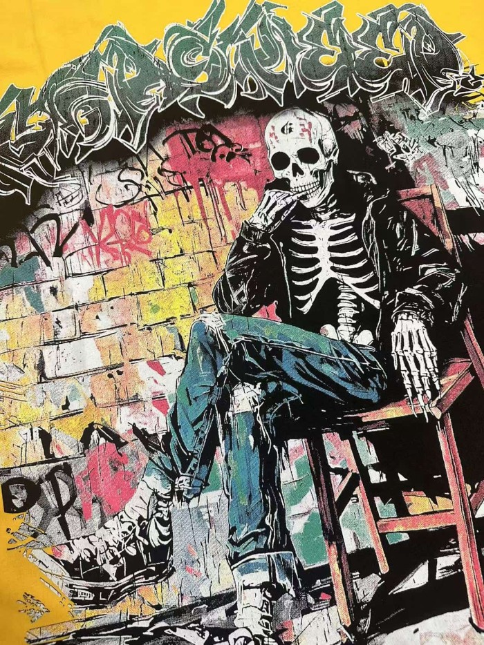 Godspeed Urban Graffiti Hip Hop Streetwear Front Multicolor Bubble Graffiti Script Seated Skeleton Brick Graffiti Wall Graphic T-Shirt 2 colors 29353186