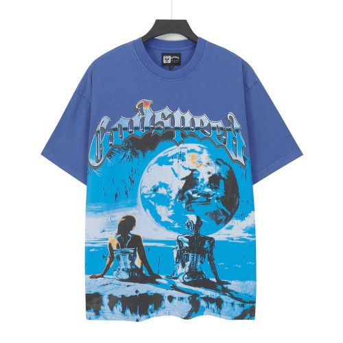 Godspeed White Crackle Outline Gothic Script Human Figure Mechanical Skeleton Sitting On Rock Giant Planet Ocean Sky T-Shirt 29353431
