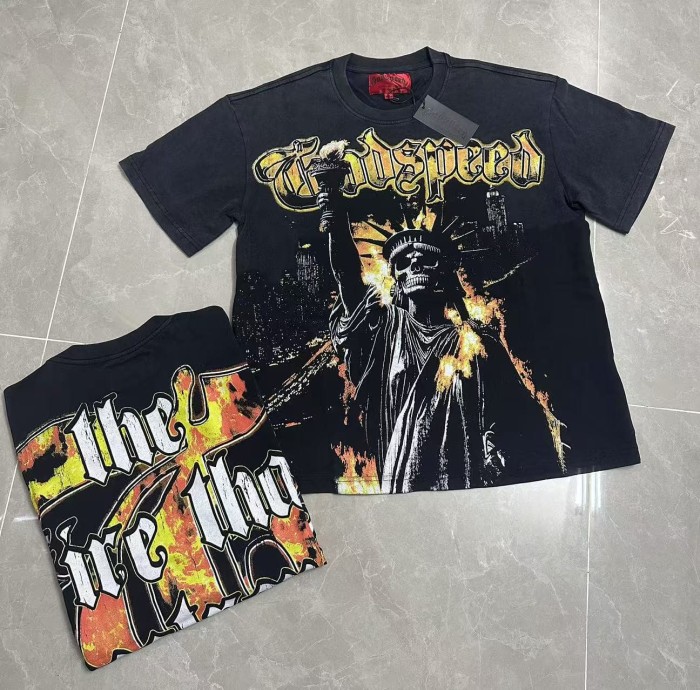 Godspeed Patriotic Hip Hop Streetwear Front Gold Orange Gradient Gothic Script Skull Statue Of Liberty Torch Fire City Skyline T-Shirt 29353196