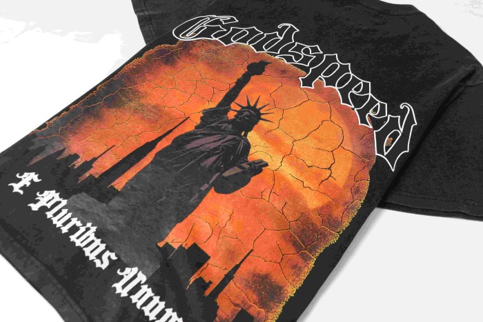 Godspeed Mini Gothic Logo Print Back Large Crackle Sunset Liberty Statue City Silhouette E Pluribus Unum Latin Text T-Shirt 2 colors 29353526