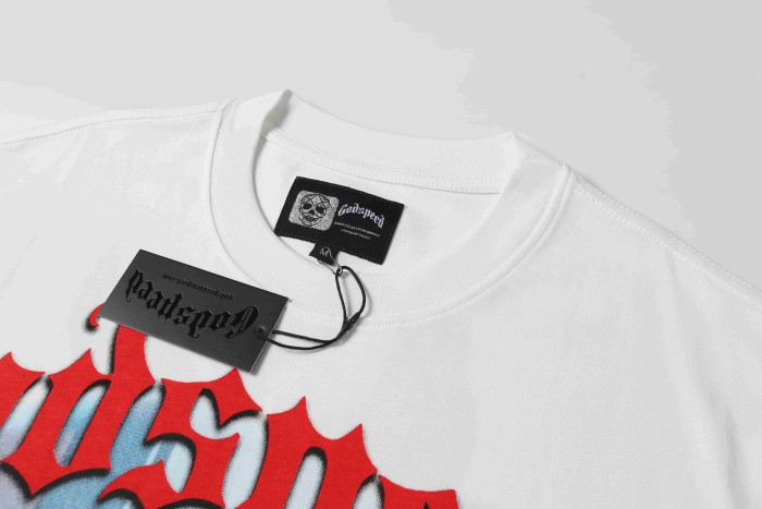 Godspeed Red Outline Gothic Script Single Red Rose Growing On City Street Skyscraper Building Graphic T-Shirt 2 colors 29353544