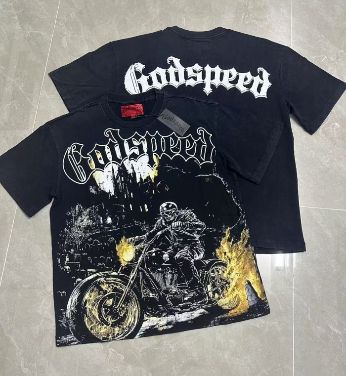 Godspeed Streetwear Front White Outline Gothic Script Helmeted Skeleton Motorcycle Rider Cemetery Castle Fire Flame T-Shirt 29353200