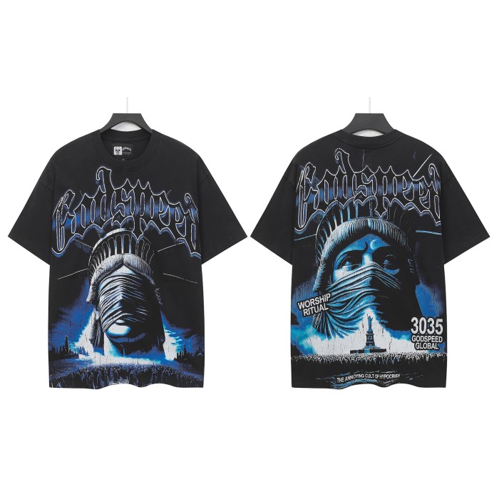 Godspeed Streetwear Front Blue Gradient Outline Gothic Script Bandaged Blindfold Statue Of Liberty City Skyline T-Shirt 2 colors 29353188