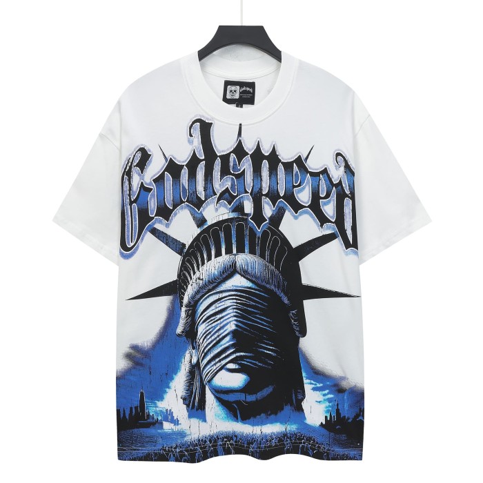 Godspeed Streetwear Front Blue Gradient Outline Gothic Script Bandaged Blindfold Statue Of Liberty City Skyline T-Shirt 2 colors 29353188